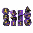 Gummi Purple and Black 12 Piece Dice Set with Gold Ink + Dice Bag (Kraken Dice) - Bea DnD Games