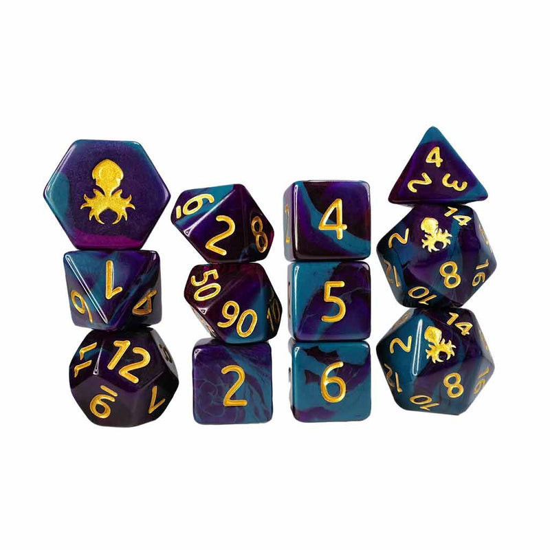 Gummi Purple and Blue 12 Piece Dice Set with Gold Ink + Dice Bag (Kraken Dice) - Bea DnD Games
