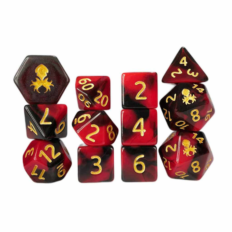 Gummi Red and Black 12 Piece Dice Set with Gold Ink + Dice Bag (Kraken Dice) - Bea DnD Games