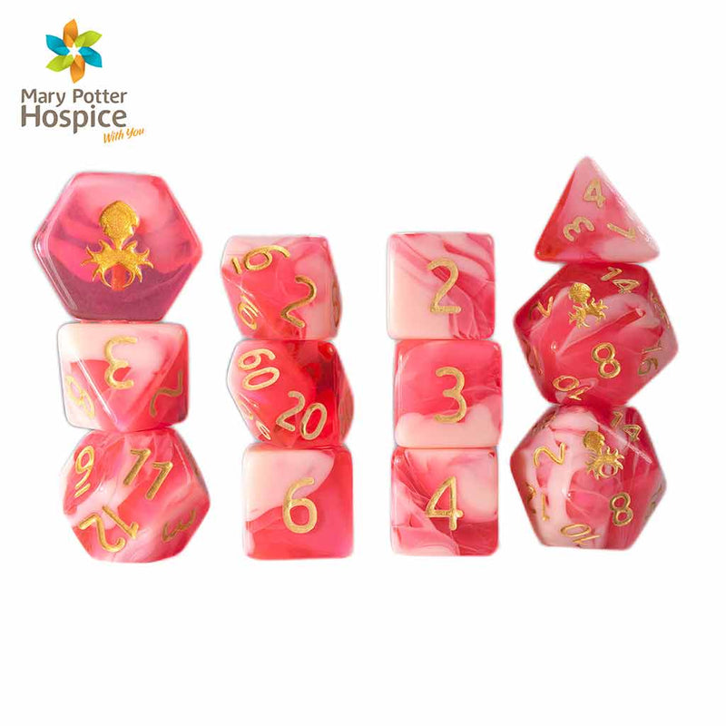 Gummi Strawberry Smoothie 12 Piece Dice Set with Gold Ink + Dice Bag (Kraken Dice) SUPPORT MARY POTTER HOSPICE $5 donated each sale - Bea DnD Games