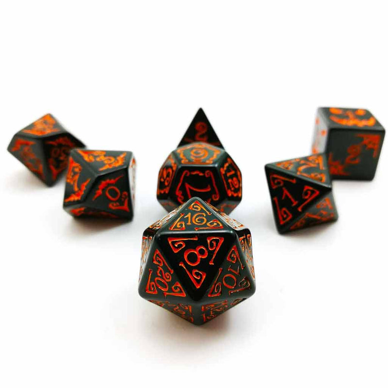 Halloween Dice - 7 Piece Polyhedral Dice Set + Dice Bag - Bea DnD Games