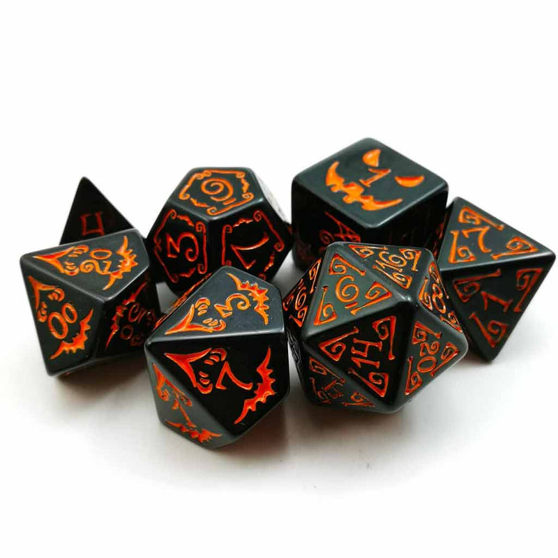 Halloween Dice - 7 Piece Polyhedral Dice Set + Dice Bag - Bea DnD Games