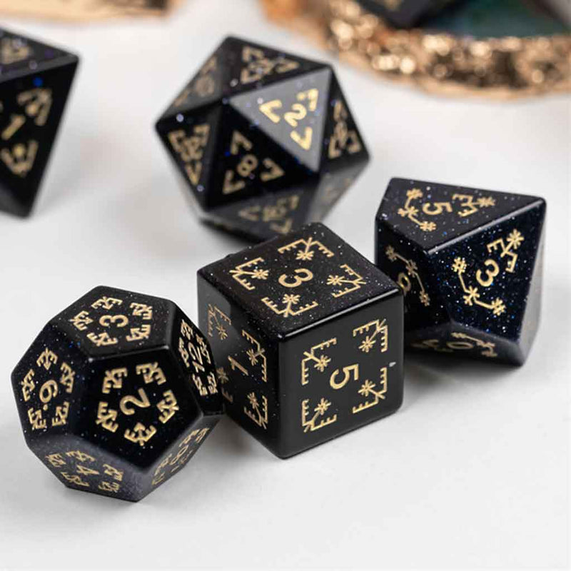 Harmonic Convergence Handcrafted Blue Goldstone Dice Set & Dice Case - Bea DnD Games
