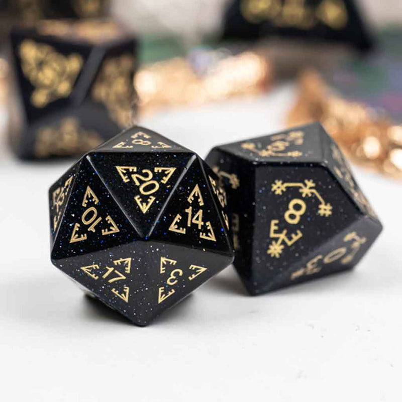 Harmonic Convergence Handcrafted Blue Goldstone Dice Set & Dice Case - Bea DnD Games