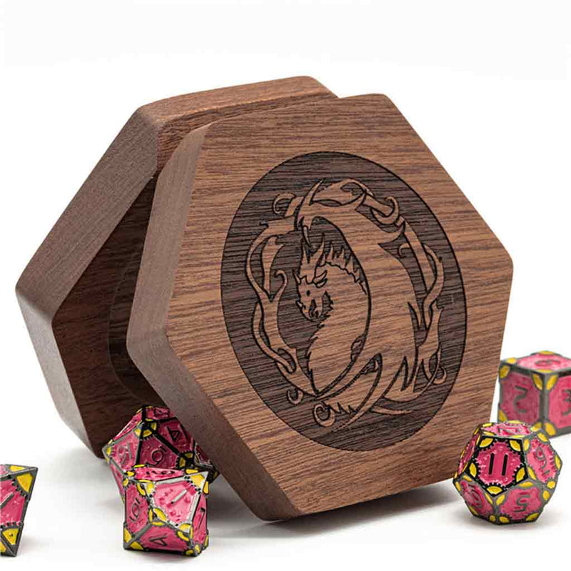 Hexagon (Walnut) Wooden Dragon Dice Box - Bea DnD Games