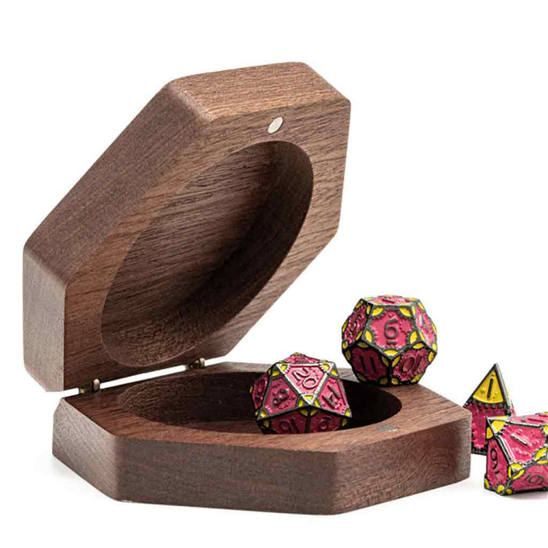 Hexagon (Walnut) Wooden Dragon Dice Box - Bea DnD Games