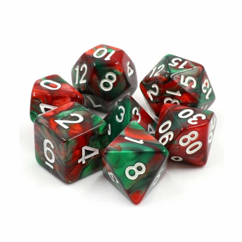 Holly Wreath Christmas Dice - 7 Piece Polyhedral Dice Set + Dice Bag - Support Wellington City Mission - $5 from each purchase donated. - Bea DnD Games