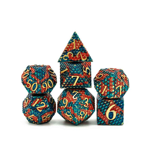 Hydra Skin 7 Piece Metal Polyhedral Dice Set & Dice Case - Bea DnD Games