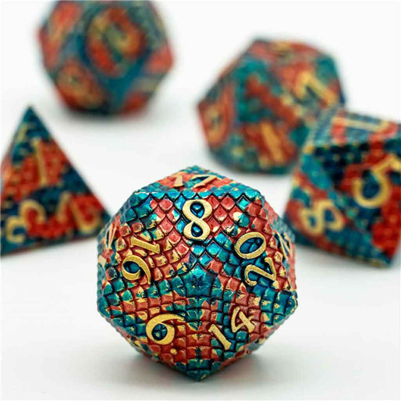 Hydra Skin 7 Piece Metal Polyhedral Dice Set & Dice Case - Bea DnD Games