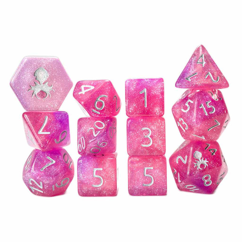 Hydrangea 12PC Glimmer RPG Dice Set with Silver Ink + Dice Bag (Kraken Dice) - Bea DnD Games