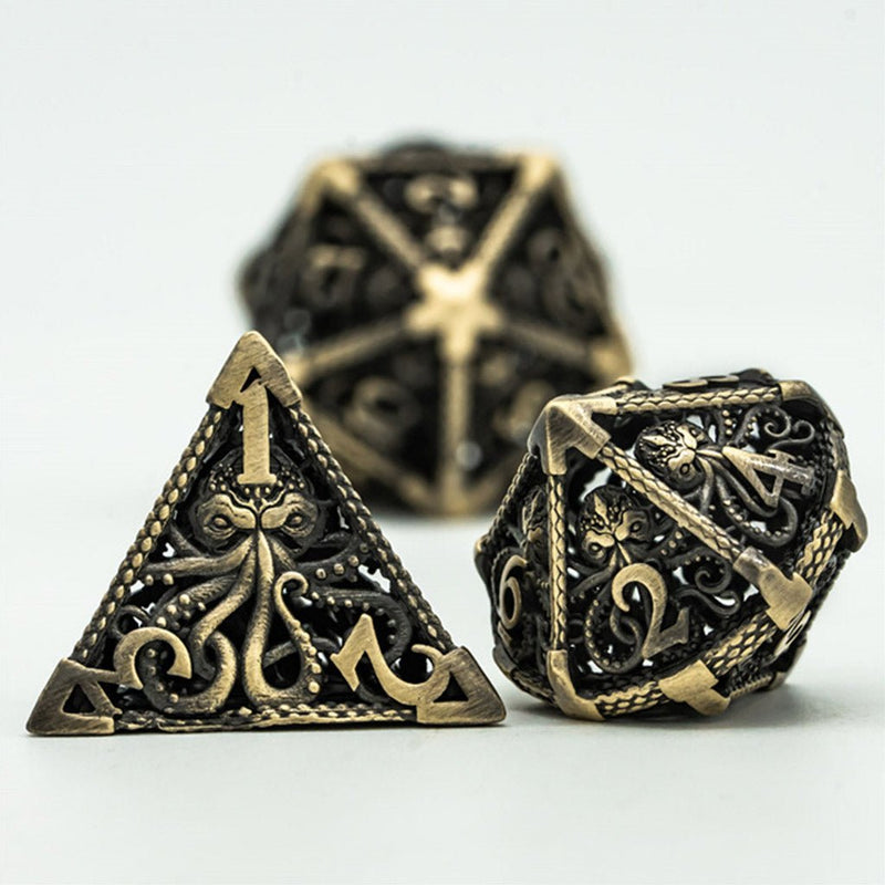 Illithid Terror 7 Piece Hollow Metal Polyhedral Dice Set & Dice Case - Bea DnD Games