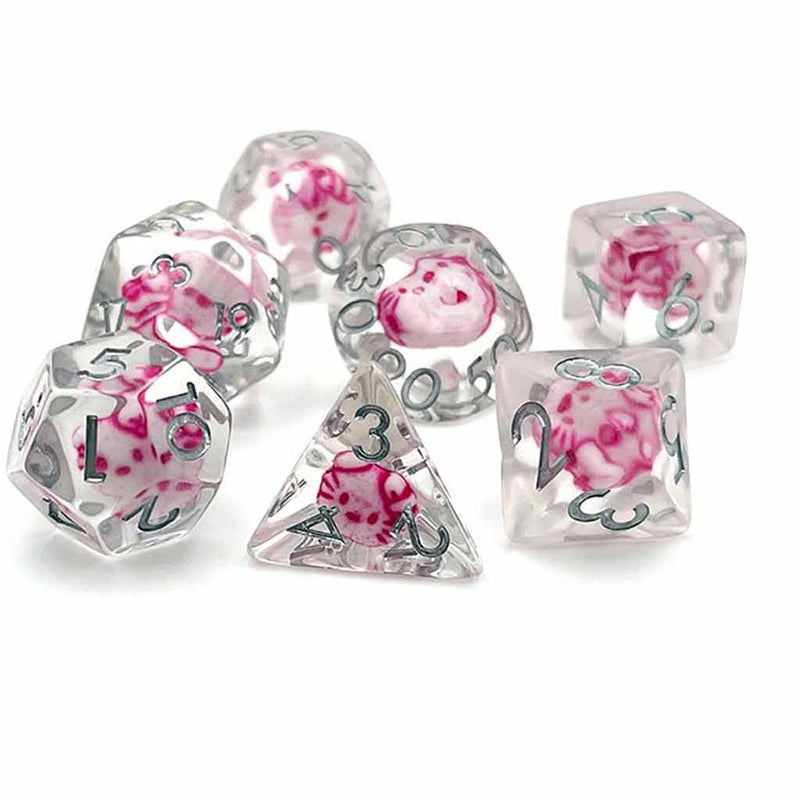Kitty Dice - 7 Piece Polyhedral Dice Set + Dice Bag - Bea DnD Games