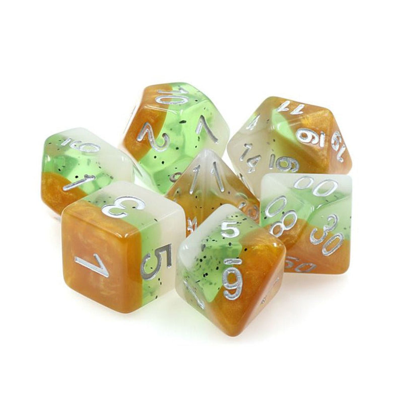 Kiwifruit - 7 Piece Polyhedral Dice Set + Dice Bag - Bea DnD Games