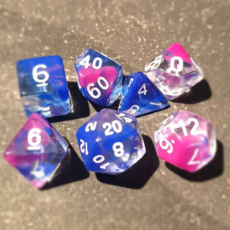 Kobold in a Blender - 7 Piece Polyhedral Dice Set + Dice Bag - Bea DnD Games