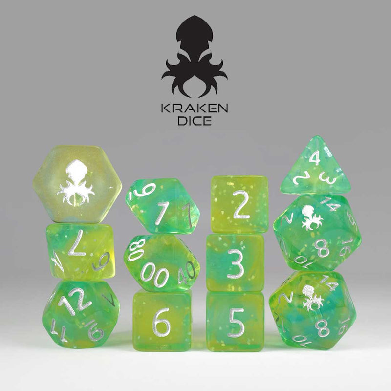 Lemon Lime Fizz - 12 Piece Dice Set by Kraken Dice + Dice Bag - Bea DnD Games