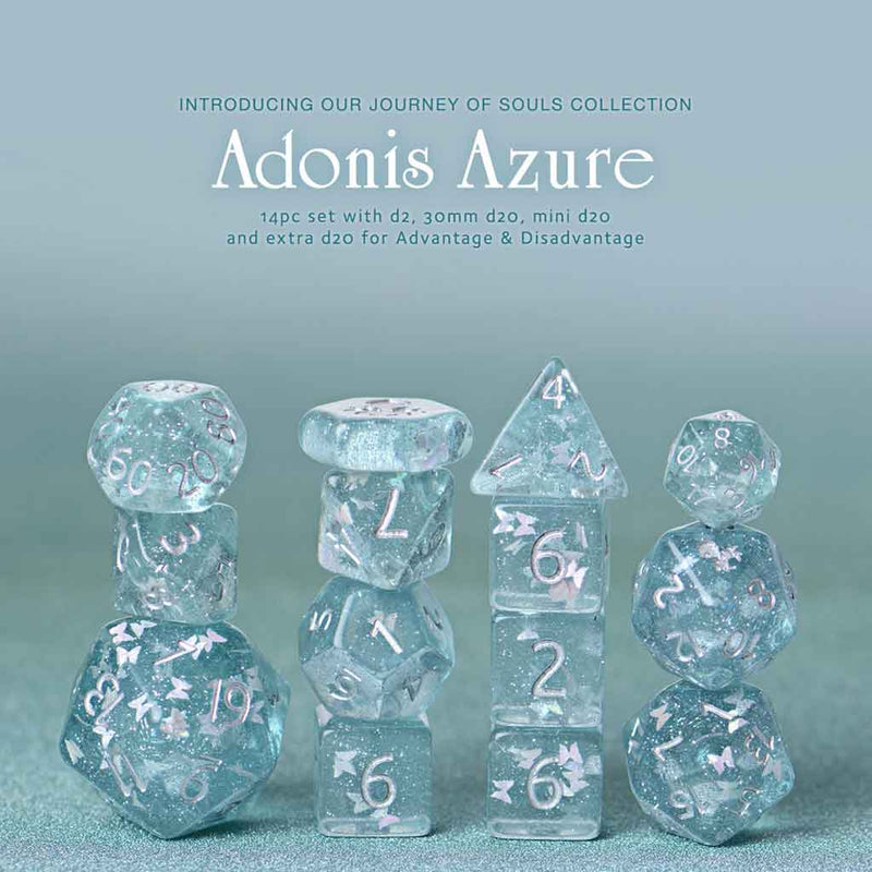 Limited Edition Adonis Azure 14pc Dice Set by Kraken Dice + Dice Bag - Bea DnD Games