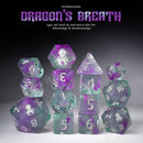 Limited Edition Dragon's Breath Glow in the Dark Vapor and Iconic Turquoise 14pc Dice Set by Kraken Dice + Dice Bag - Bea DnD Games