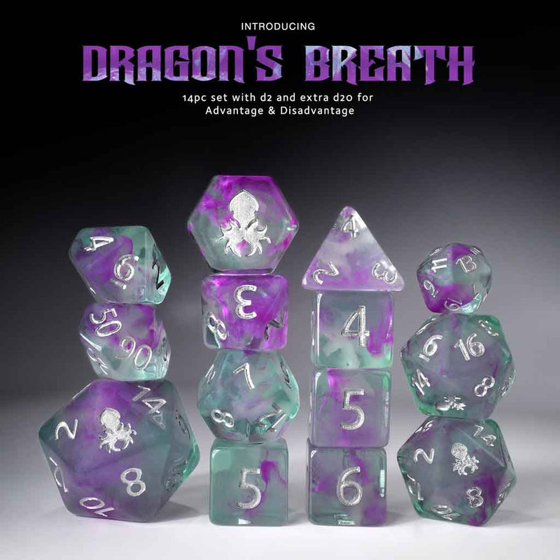 Limited Edition Dragon's Breath Glow in the Dark Vapor and Iconic Turquoise 14pc Dice Set by Kraken Dice + Dice Bag - Bea DnD Games