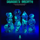 Limited Edition Dragon's Breath Glow in the Dark Vapor and Iconic Turquoise 14pc Dice Set by Kraken Dice + Dice Bag - Bea DnD Games