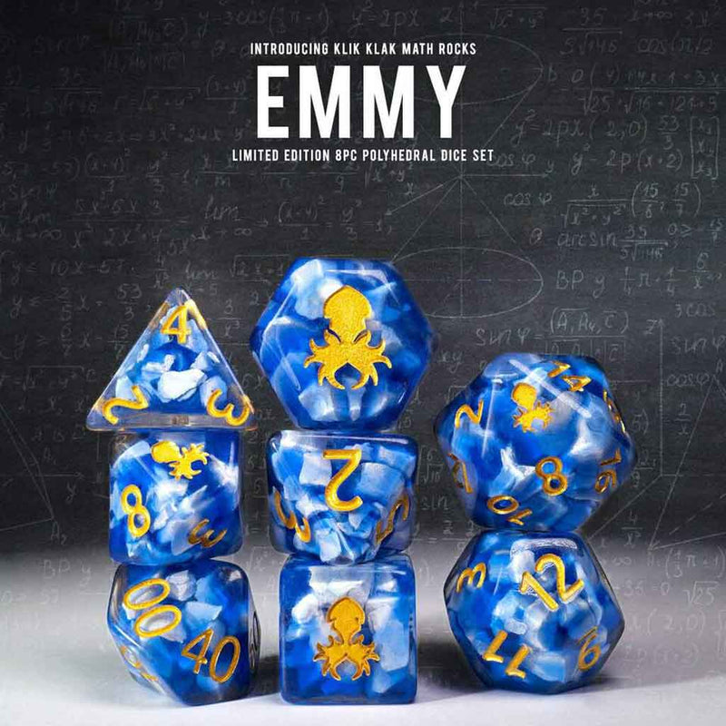 Limited Edition 'Emmy' Klik Klak Math Rocks 8pc Dice Set by Kraken Dice + Dice Bag - Bea DnD Games