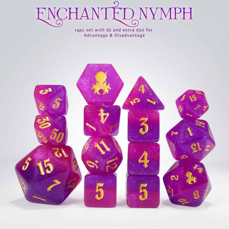 Limited Edition Enchanted Nymph 14pc Dice Set by Kraken Dice + Dice Bag - Bea DnD Games