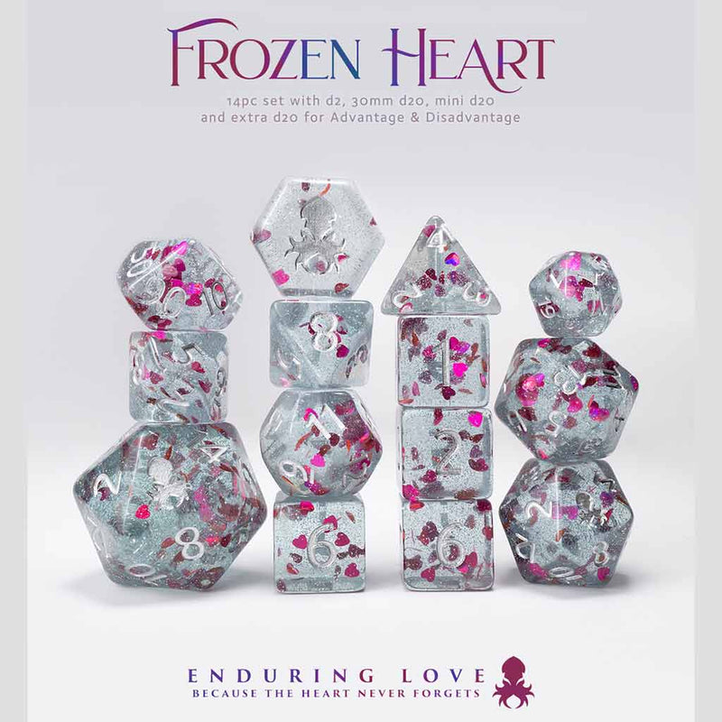 Limited Edition Frozen Heart 14pc Dice Set by Kraken Dice + Dice Bag - Bea DnD Games