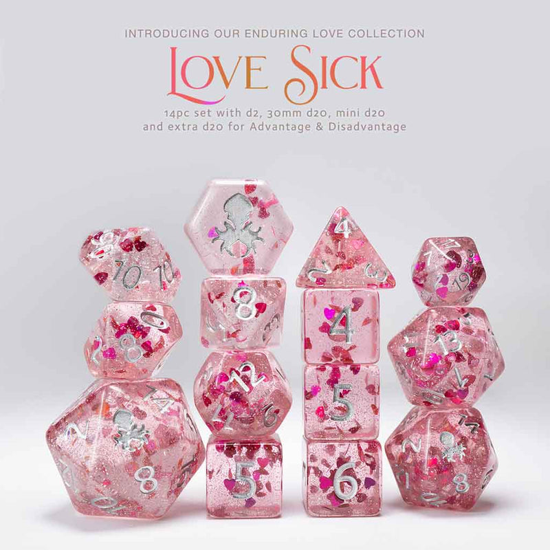 Limited Edition Love Sick 14pc Dice Set by Kraken Dice + Dice Bag - Bea DnD Games