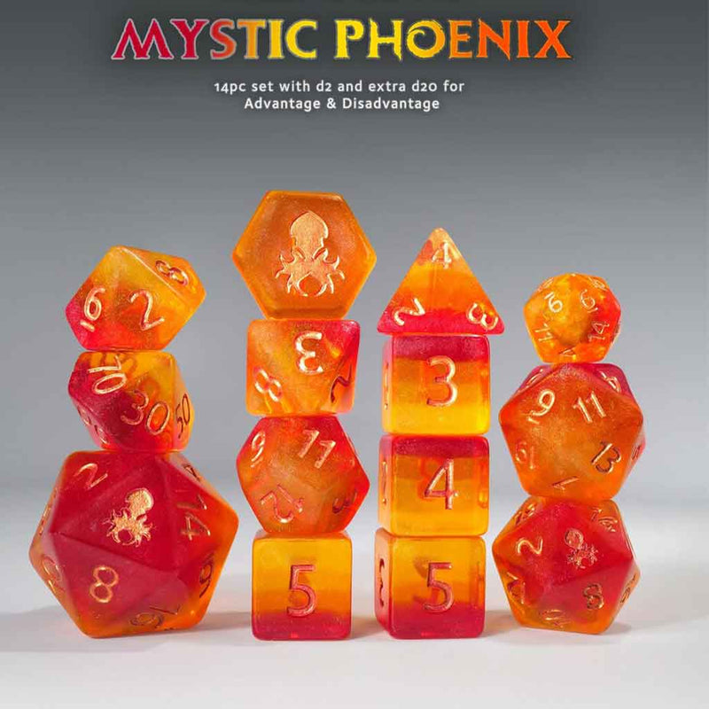Limited Edition Mystic Phoenix 14pc Dice Set by Kraken Dice + Dice Bag - Bea DnD Games