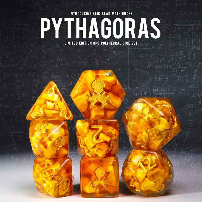 Limited Edition 'Pythagoras' Klik Klak Math Rocks 8pc Dice Set by Kraken Dice + Dice Bag - Bea DnD Games