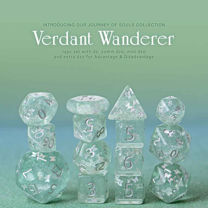 Limited Edition Verdant Wanderer 14pc Dice Set by Kraken Dice + Dice Bag - Bea DnD Games