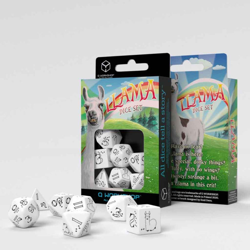 Llama (Bright White and Black) 7pc Polyhedral Dice Set by Q Workshop - Bea DnD Games
