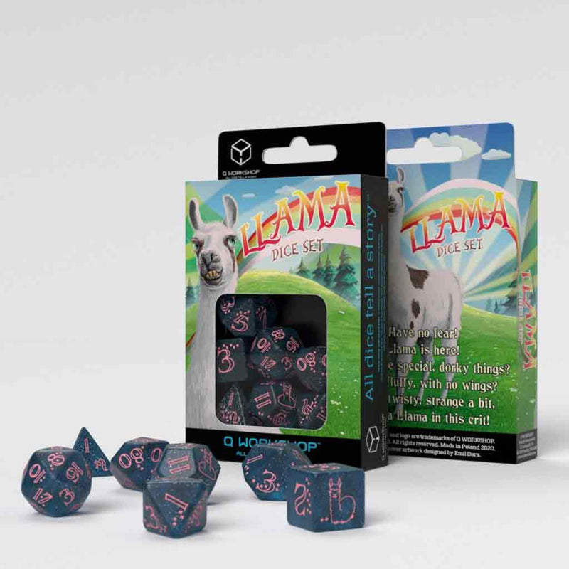 Llama (Glittering Dark Blue and Pink) 7pc Polyhedral Dice Set by Q Workshop - Bea DnD Games
