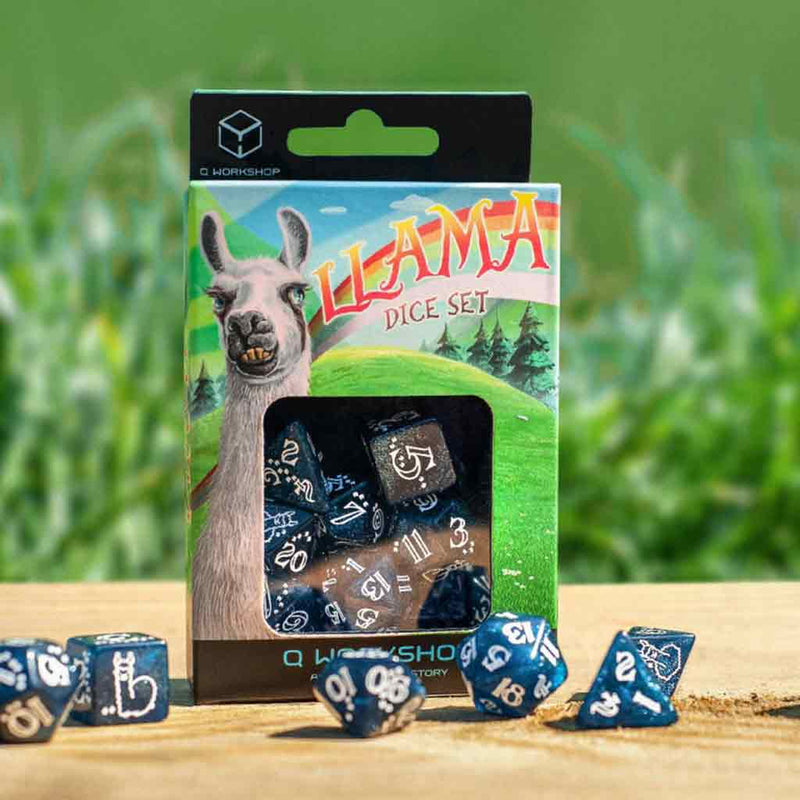 Llama (Glittering Dark Blue and White) 7pc Polyhedral Dice Set by Q Workshop - Bea DnD Games