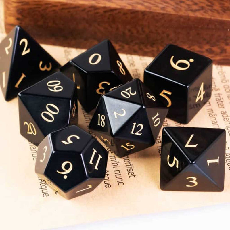 Lord of the Night - Handcrafted Obsidian Gemstone Dice Set & Dice Case - Bea DnD Games