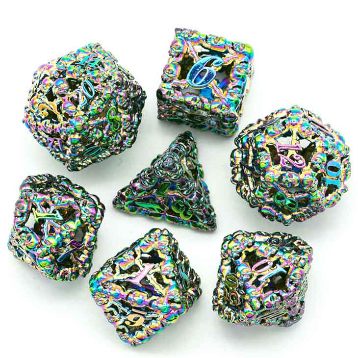 Luck of the Seelie Queen 7 Piece Hollow Metal Polyhedral Dice Set & Dice Case - Bea DnD Games