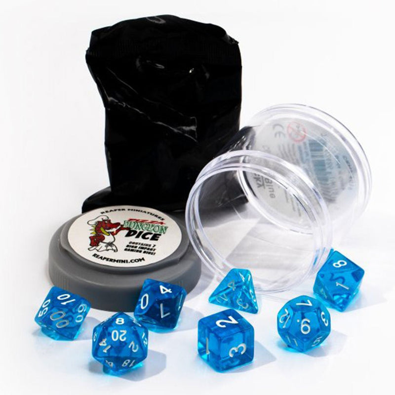 Lucky Dice Clear Blue Pizza Dungeon Dice by Reaper Miniatures - 7 Piece Polyhedral Dice Set & Random High Roller Figure - Bea DnD Games