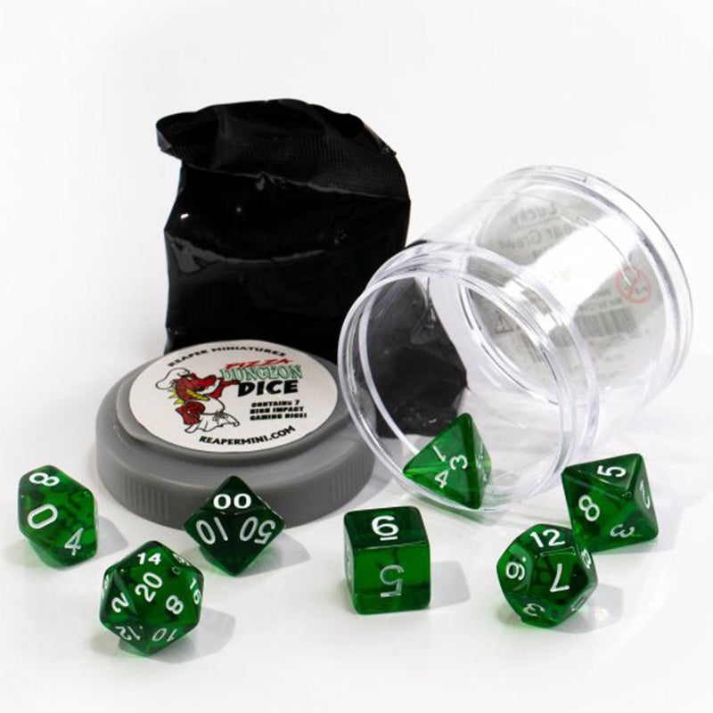 Lucky Dice Clear Green Pizza Dungeon Dice by Reaper Miniatures - 7 Piece Polyhedral Dice Set & Random High Roller Figure - Bea DnD Games