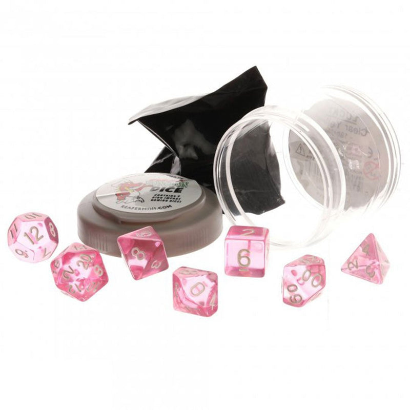 Lucky Dice Clear Pink Pizza Dungeon Dice by Reaper Miniatures - 7 Piece Polyhedral Dice Set & Random High Roller Figure - Bea DnD Games