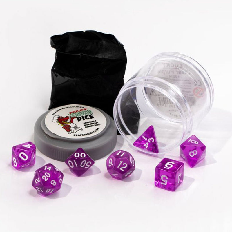 Lucky Dice Clear Purple Pizza Dungeon Dice by Reaper Miniatures - 7 Piece Polyhedral Dice Set & Random High Roller Figure - Bea DnD Games