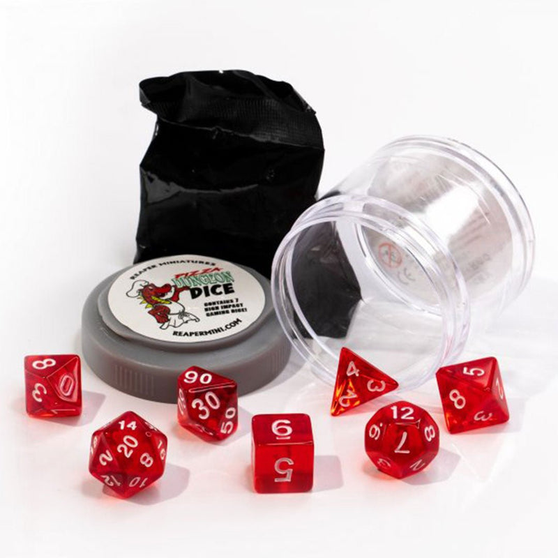 Lucky Dice Clear Red Pizza Dungeon Dice by Reaper Miniatures - 7 Piece Polyhedral Dice Set & Random High Roller Figure - Bea DnD Games