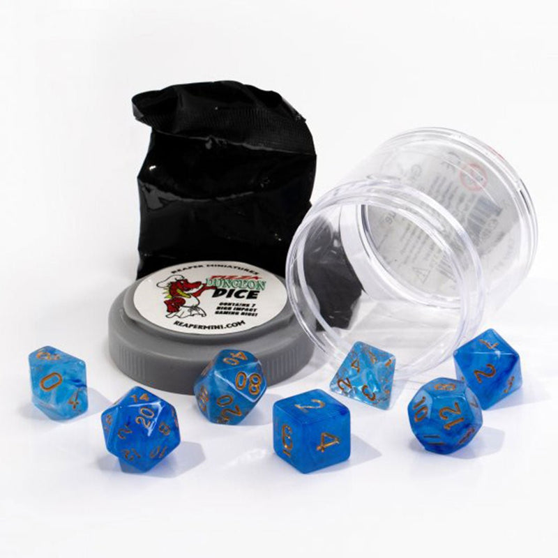 Lucky Dice Gem Blue Pizza Dungeon Dice by Reaper Miniatures - 7 Piece Polyhedral Dice Set & Random High Roller Figure - Bea DnD Games