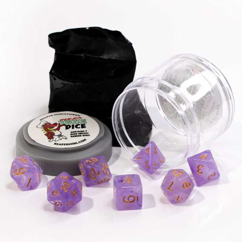 Lucky Dice Gem Purple Pizza Dungeon Dice by Reaper Miniatures - 7 Piece Polyhedral Dice Set & Random High Roller Figure - Bea DnD Games
