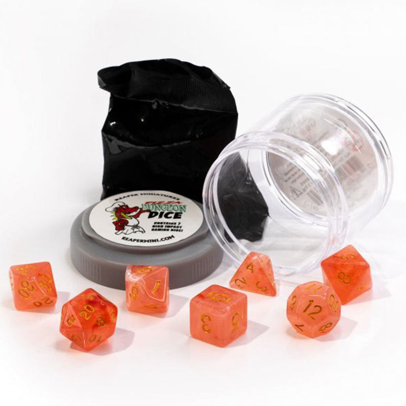 Lucky Dice Gem Red Pizza Dungeon Dice by Reaper Miniatures - 7 Piece Polyhedral Dice Set & Random High Roller Figure - Bea DnD Games