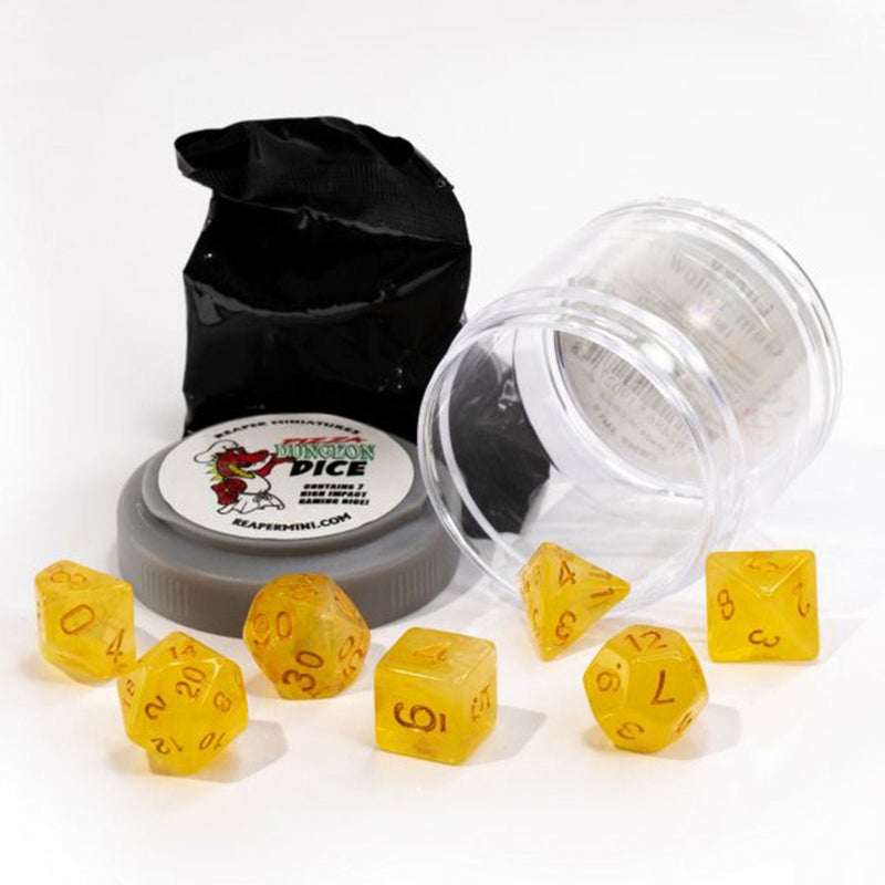 Lucky Dice Gem Yellow Pizza Dungeon Dice by Reaper Miniatures - 7 Piece Polyhedral Dice Set & Random High Roller Figure - Bea DnD Games