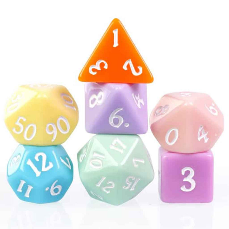 Macaron Dice - 7 Piece Polyhedral Dice Set + Dice Bag - Bea DnD Games