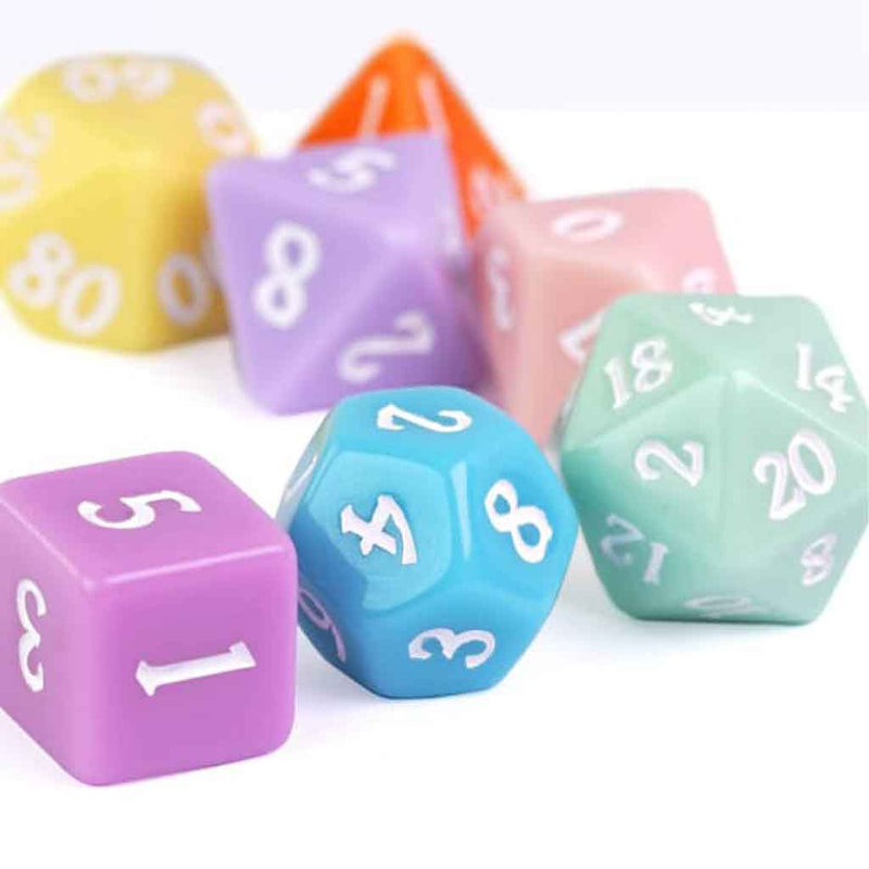 Macaron Dice - 7 Piece Polyhedral Dice Set + Dice Bag - Bea DnD Games