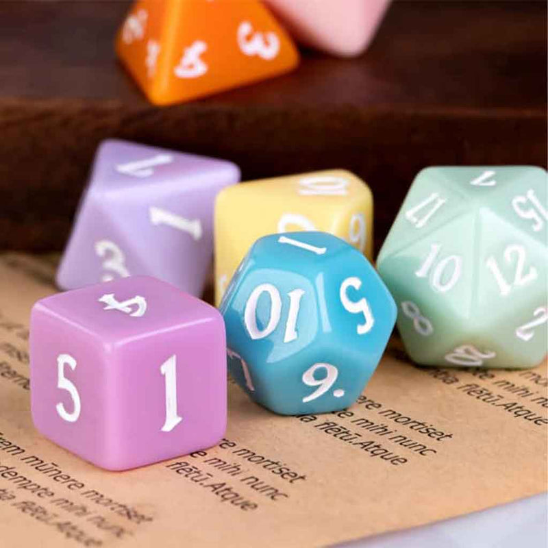 Macaron Dice - 7 Piece Polyhedral Dice Set + Dice Bag - Bea DnD Games