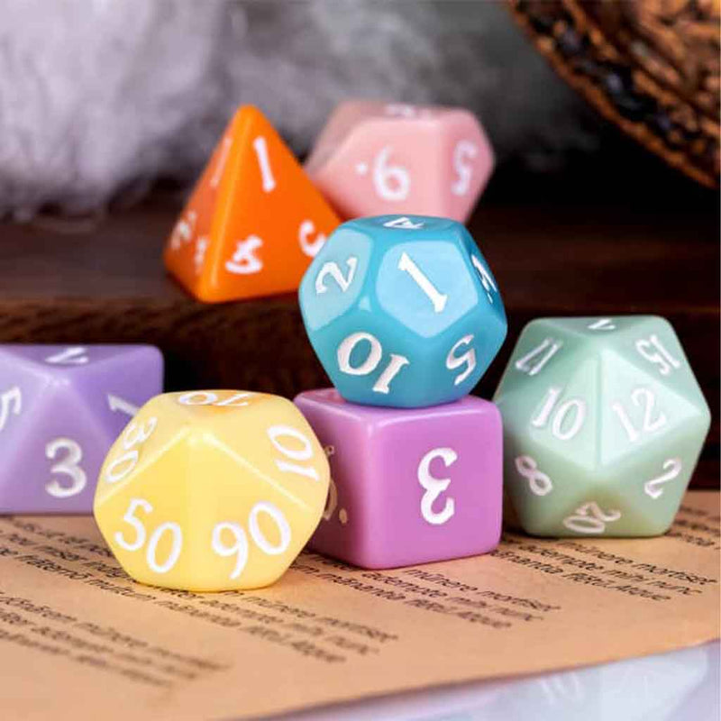 Macaron Dice - 7 Piece Polyhedral Dice Set + Dice Bag - Bea DnD Games