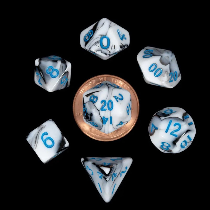 Marble with Blue Numbers Mini Polyhedral Dice Set - Bea DnD Games