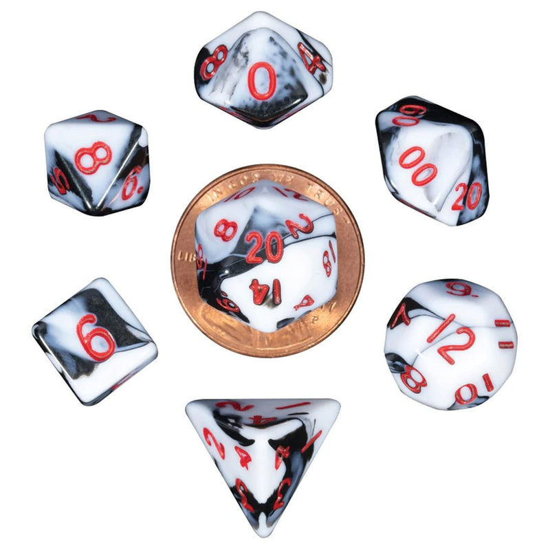 Marble with Red Numbers Mini Polyhedral Dice Set - Bea DnD Games